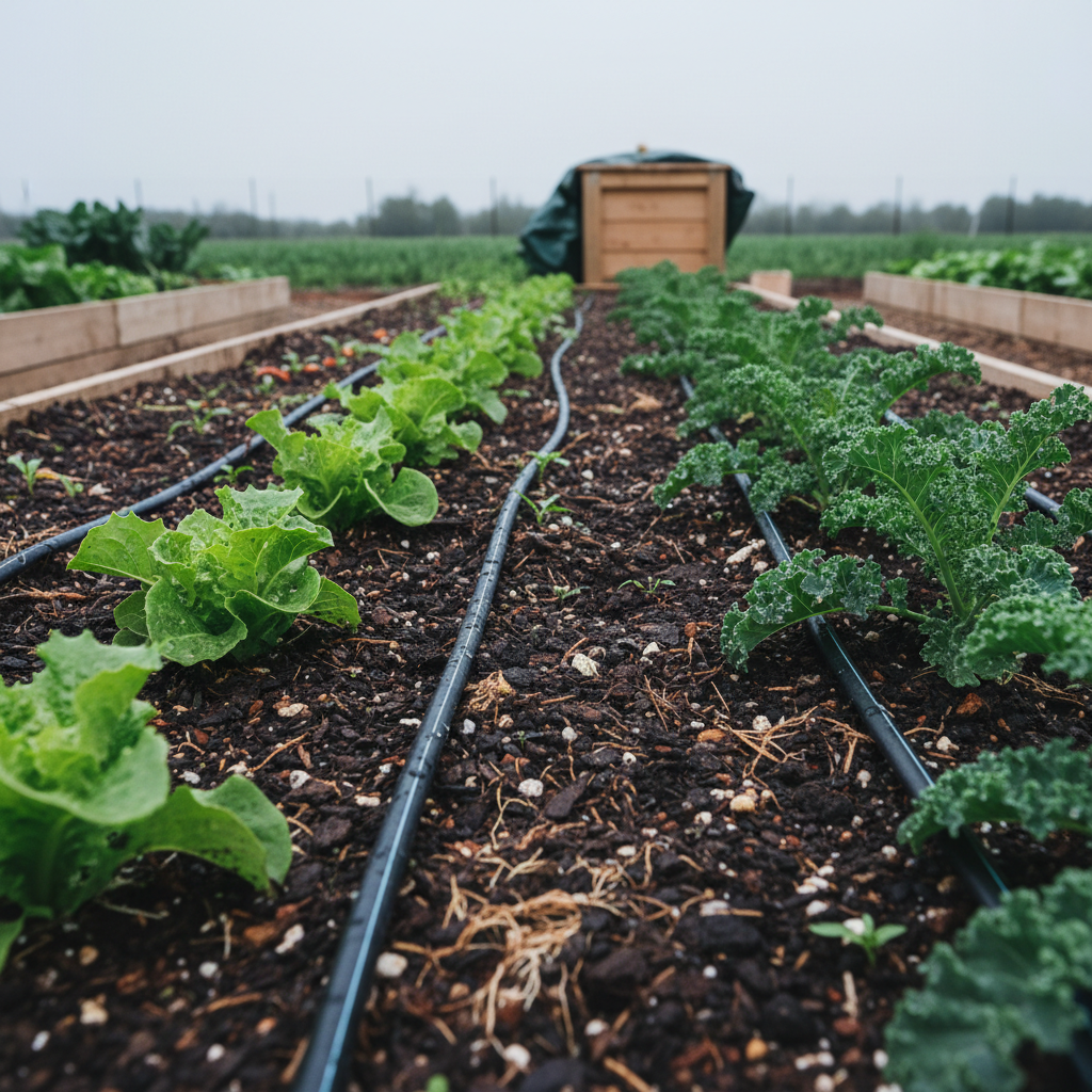 A close-up, photographic realism view of a thriving vegetable plot demonstrating precise water and fertilizer management. In the foreground, a raised bed of deep-green lettuce and kale emerges from moist, friable soil, where small bits of compost, root fibers, and earthworm channels are clearly visible. Thin drip irrigation tubes run neatly along the rows, with a subtle sheen of water droplets catching soft morning light. In the background, gently blurred, additional beds show evenly colored crops and a small, covered compost area. The lighting is cool and diffused, suggesting an overcast sky that enhances natural colors and textures. Captured at eye level with a shallow depth of field, the mood is calm, efficient, and scientific, ideal for illustrating practical nutrient and water management in sustainable gardening.