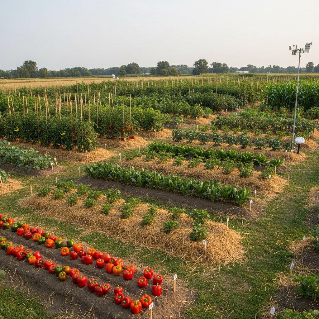 A meticulously organized horticultural research garden showcasing fruit and vegetable trials, rendered in clean photographic realism. Long, evenly spaced plots of peppers, tomatoes, berries, and leafy greens are separated by narrow grass alleys, each plot bordered by low, numbered stakes without readable text. The soil surface alternates between straw mulch and bare, finely textured earth, highlighting different management practices. A small weather station mast and a covered soil moisture sensor housing sit unobtrusively off to one side. Late morning natural light provides neutral, accurate color and minimal shadow, emphasizing clarity. Shot from a slightly elevated, three-quarter view with sharp focus and a rule-of-thirds composition, the atmosphere feels analytical yet vibrant, communicating science-based field experimentation in sustainable crop production.