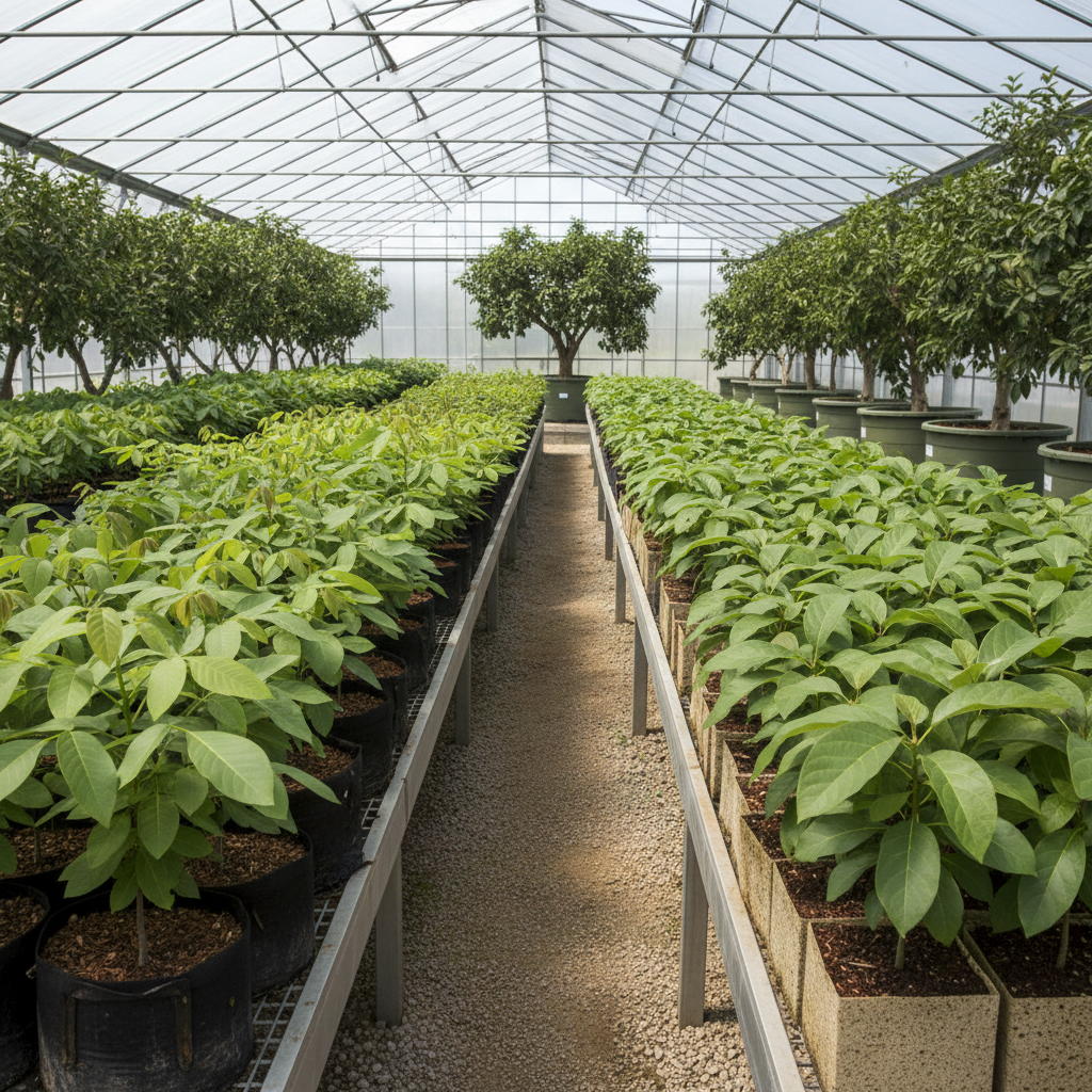 A detailed, photographic realism scene of an efficient, sustainable nursery specializing in fruit and nut tree seedlings. Long benches hold uniform rows of sturdy young walnut, almond, and avocado saplings in dark, breathable containers filled with rich potting mix. Each plant has vivid green leaves with crisp edges, indicating excellent nutrition and careful water management. Overhead, a translucent greenhouse roof diffuses midday sunlight into a soft, even glow with almost no harsh shadows. In the background, slightly out of focus, larger container-grown trees create a sense of depth and scale. Captured from waist height with a gentle leading-line composition along the bench, the atmosphere is clean, organized, and highly professional, reinforcing science-based nursery management without any people or printed labels.